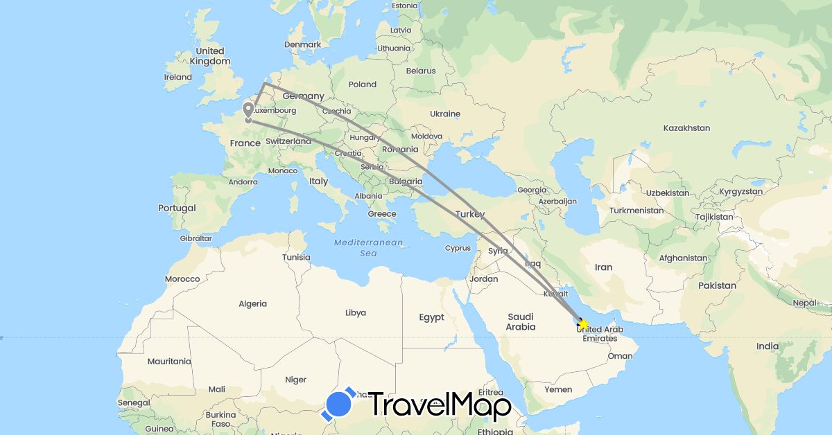 TravelMap itinerary: driving, plane in France, Netherlands, Qatar (Asia, Europe)